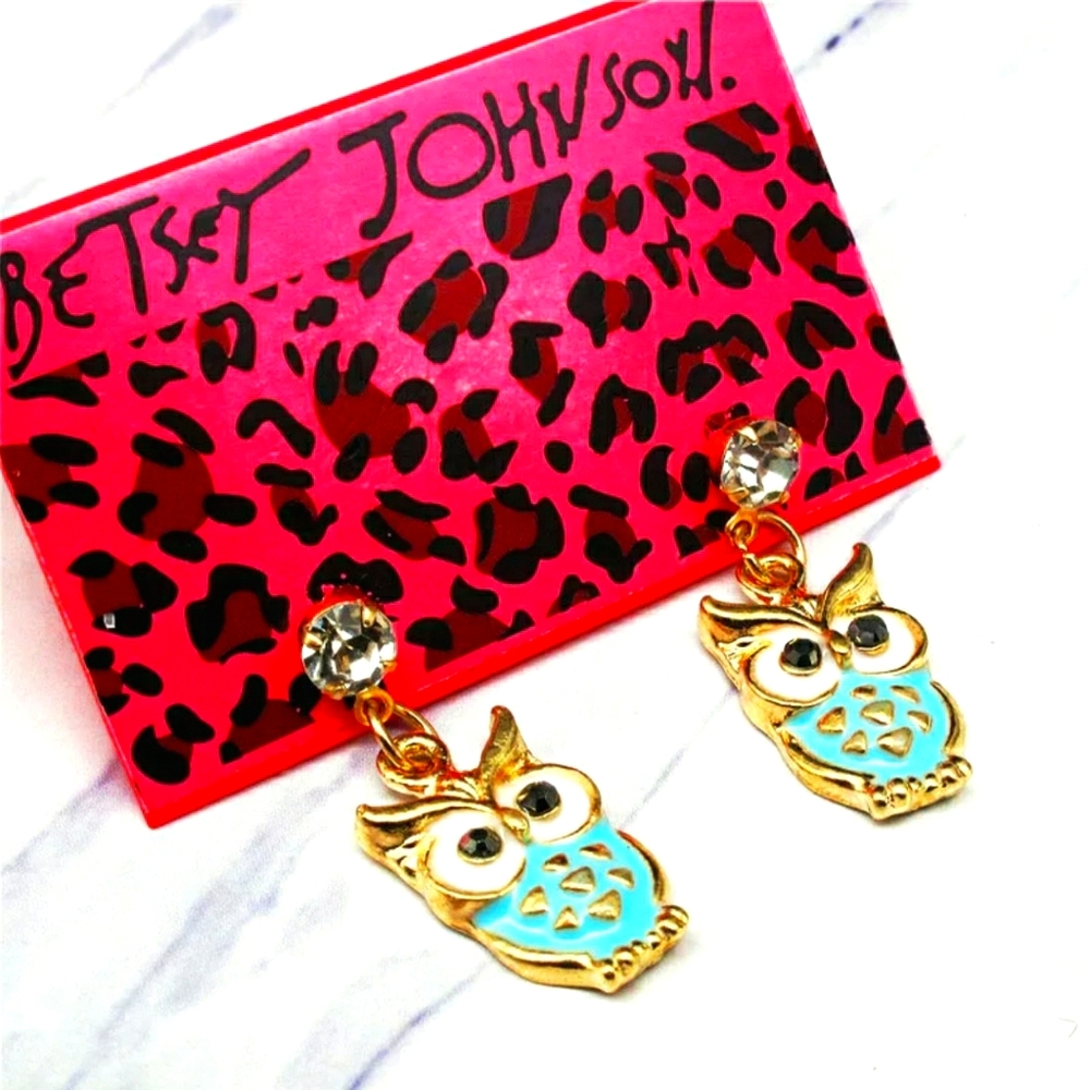 Crystal blue and gold owl earrings